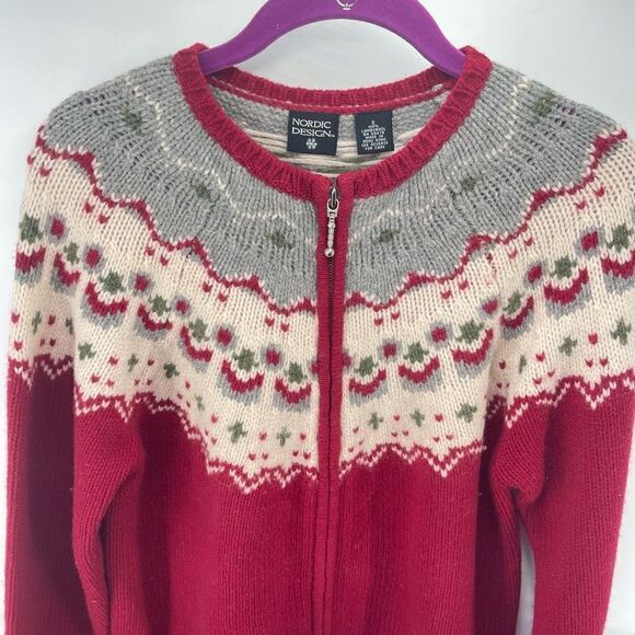 Nordic Design fair isle Full Zip Cardigan Sweater Long Sleeve Wool Red Small - Picture 7 of 10
